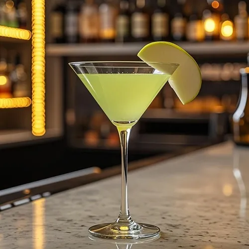 一杯鲜艳绿色的苹果马提尼鸡尾酒(Appletini)，盛在冰镇马提尼杯中，以苹果片作为装饰