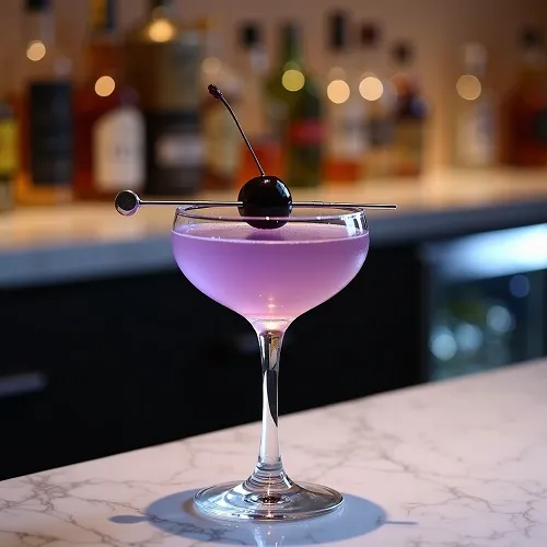 Lavender-hued Aviation cocktail in a coupe glass with cherry garnish.
