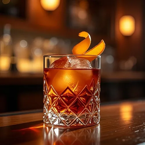 A Boulevardier cocktail with a large ice cube in a rocks glass, garnished with orange zest. A balanced bittersweet drink.