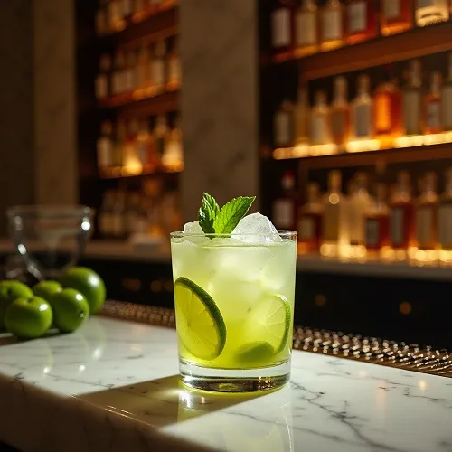 A classic Brazilian Caipirinha cocktail made with cachaça, fresh lime wedges, sugar, and crushed ice, muddled in a rocks glass