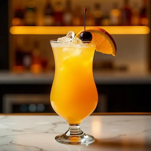 Classic Hurricane cocktail in a hurricane glass: rum, passion fruit, citrus, garnished with orange slice and cherry.