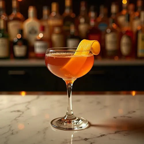 Martinez cocktail in a coupe glass with orange twist garnish.
