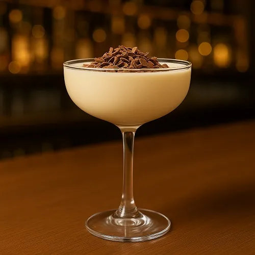 초콜릿 부스러기로 장식한 크리미한 머드슬라이드(Mudslide) 칵테일을 잔에 담았습니다.