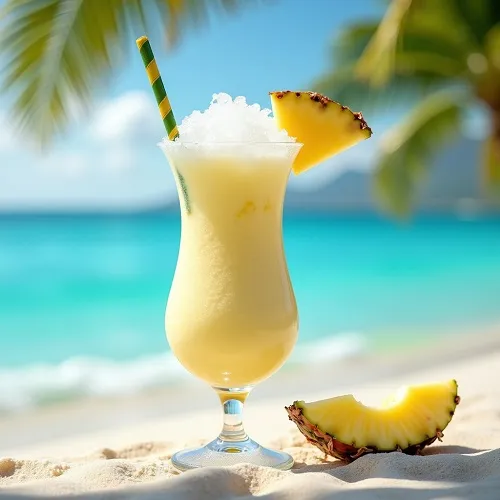 Painkiller cocktail in a hurricane glass with pineapple wedge garnish.