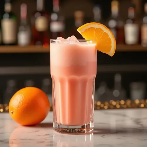 Pussyfoot mocktail in a glass,garnished with orange slice.