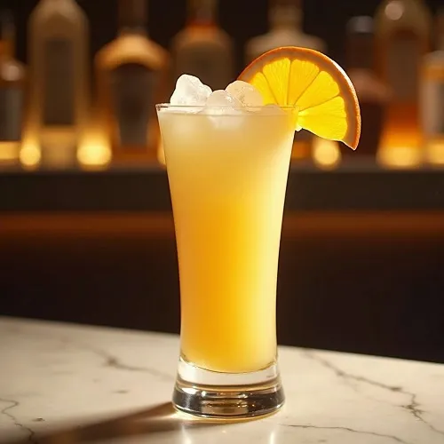 Classic Screwdriver cocktail with an orange wheel garnish in a Collins glass.