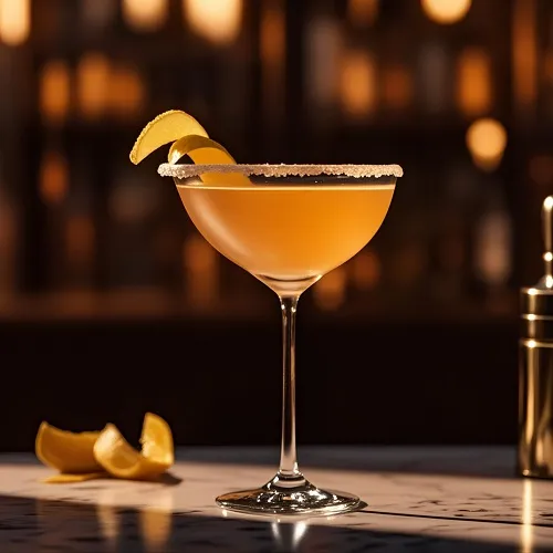 Classic Sidecar cocktail in a sugar-rimmed coupe glass with lemon twist garnish.