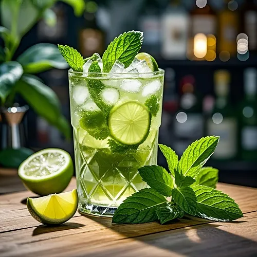 经典的莫吉托鸡尾酒，配以新鲜薄荷、青柠、朗姆酒、苏打水和冰块，盛在高球杯中。